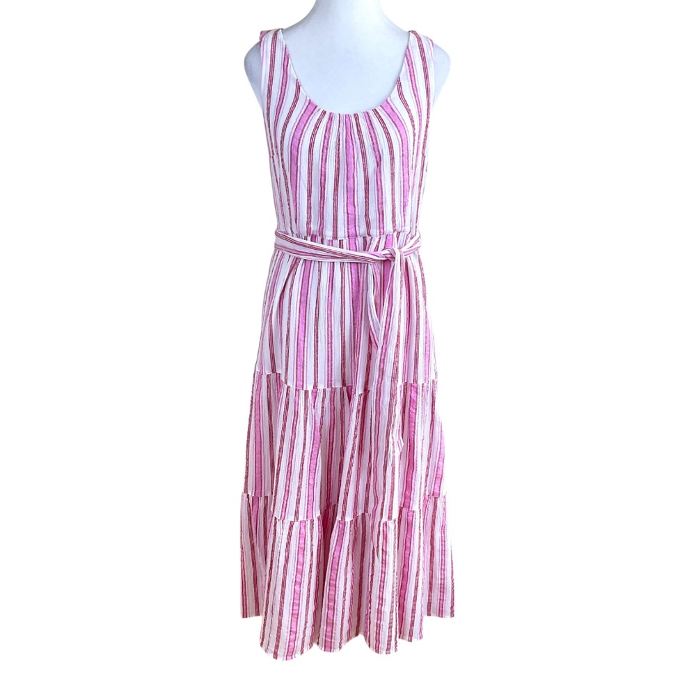Talbots Maxi Dress Cotton Gauze Belted Pink Red White Stripe (8)
